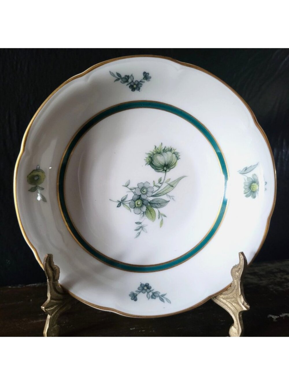 Vtg Royal Bayreuth Teal Tulip Fruit /Dessert/ Sauce Bowl Floral Design Gold Trim